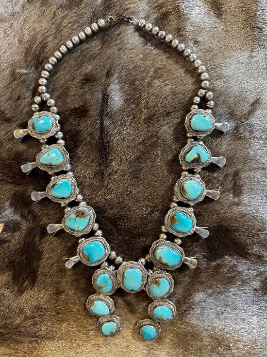 Unbranded Jewelry - Genuine Turquoise and Sterling Silver Bench Beaded Squash Blossom and Naja Pend
